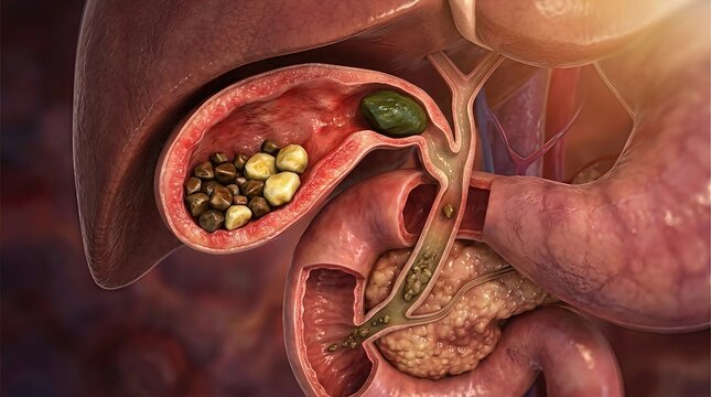 Detailed anatomical representation, severe gallbladder disease, cholelithiasis, numerous gallstones obstructing bile flow, human internal digestive system, pathology concept