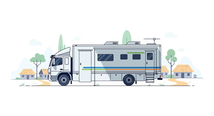 Fototapeta premium Flat vector illustration of a modern mobile laboratory truck parked in a rural village setting isolated on white background