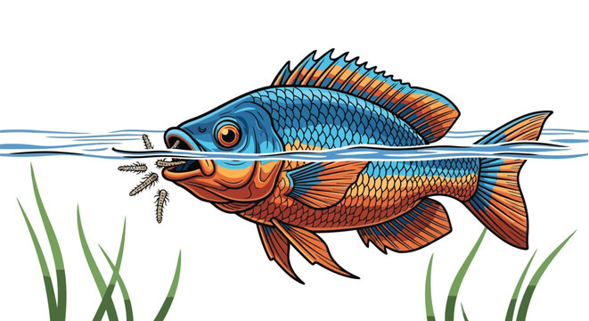 Close up artistic vector illustration of a freshwater fish catching insects from water surface isolated on white background