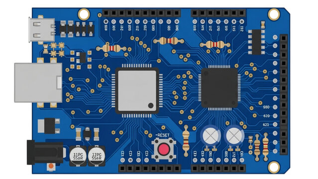 Blue electronic circuit board illustration for hardware development and embedded systems projects