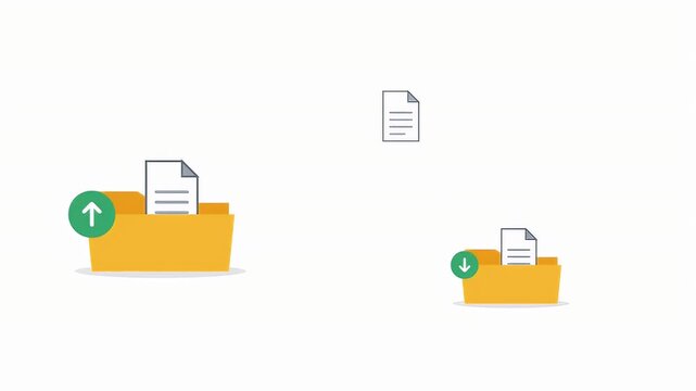 Minimalist animation of digital documents transferring between folders with upload and download symbols