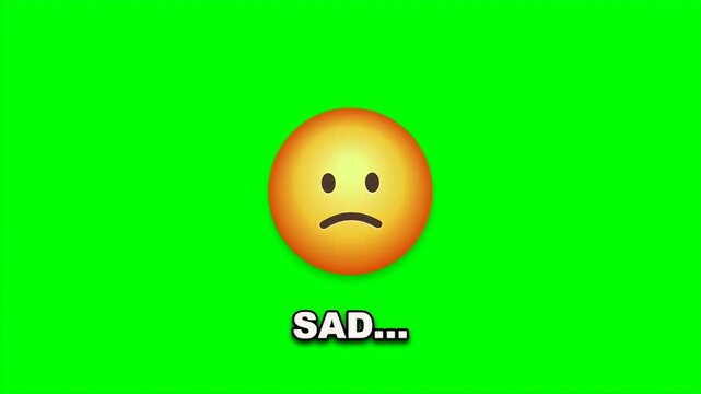 A sad yellow emoji face with a frowning mouth and the word sad appearing underneath for emotional video content