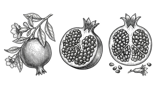 Detailed Pomegranate Botanical Illustration Set Featuring Whole Fruit, Halves, and Seeds in Hand-Drawn Sketch Style