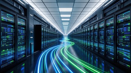 Fototapeta premium A futuristic server room with blue and green neon lights on the floor and rows of computer servers on either side in a data center