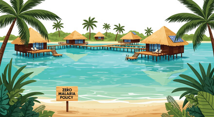 Fototapeta premium Tropical resort beach with zero malaria policy wooden sign in serene coastal landscape setting isolated on white background