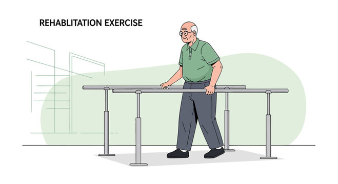 Elderly Man Walking with Parallel Bars for Rehabilitation Exercise