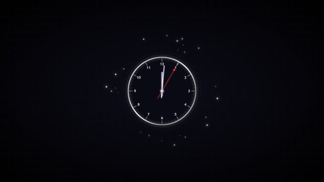  Analog clock ticking: 10 second countdown orbiting particles metallic bezel dark background time animation neon glow