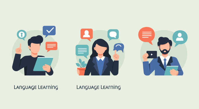 Diverse people learning languages online with digital devices and speech bubbles
