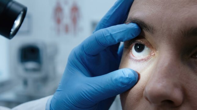 Doctor checking a patient's eye for paleness, a key symptom of iron deficiency anemia, an iron blood disorder, during a medical diagnostic consultation