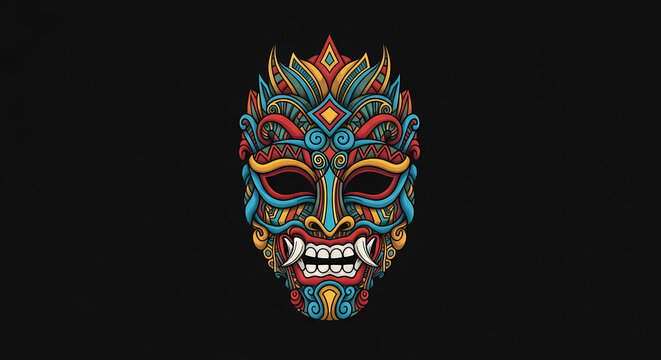 Vibrant and intricate traditional cultural mask with detailed patterns and sharp teeth on a dark background, showcasing rich colors and stylized design.