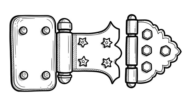 Antique hinge engraving: detailed black and white sketch of vintage hardware