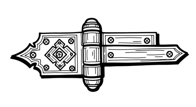 Ornate hinged gate drawing with geometric patterns and wood texture