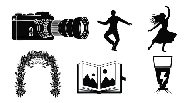 A collection of artistic icons including a camera dancers floral wreath book and lamp presented as a silhouette high quality professional