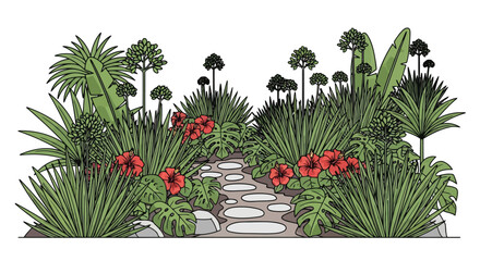 Fototapeta premium Lush tropical garden pathway with vibrant hibiscus flowers and palms isolated on white background