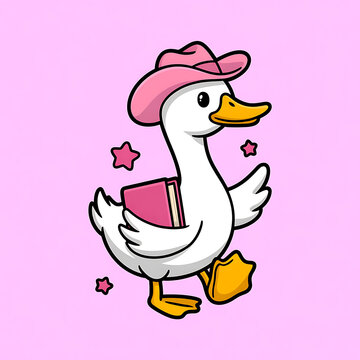 Cute Cartoon Duck Wearing Pink Cowboy Hat, Carrying Book, Walking with Stars