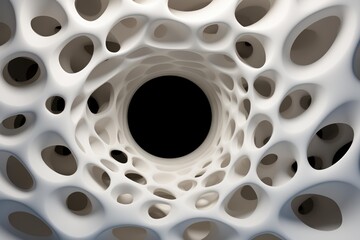 Fototapeta premium White porous organic structure forming an abstract geometric tunnel with a black hole