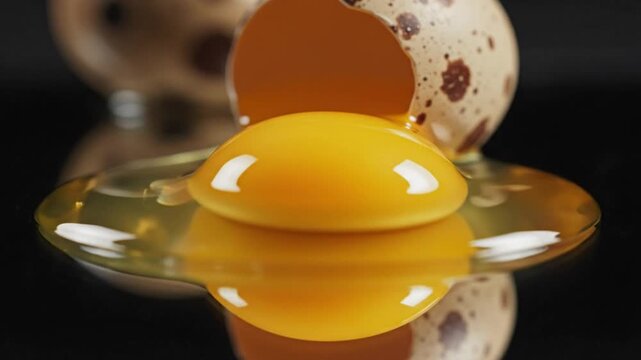 Spilled raw quail egg with yolk on reflective dark surface close up food macro detail