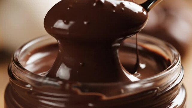 Close-up shot of spoon scooping and pouring glossy, smooth, and delicious dark chocolate from a glass jar