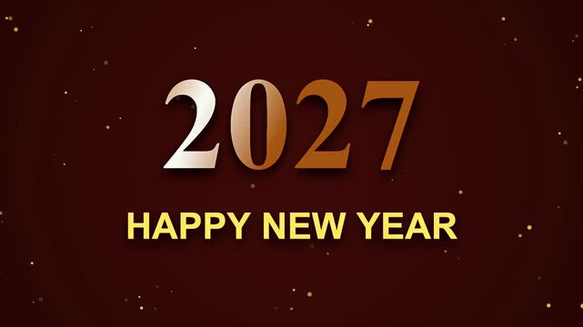 Elegant golden 2027 happy new year text with shimmering light sweep and floating glitter particles.