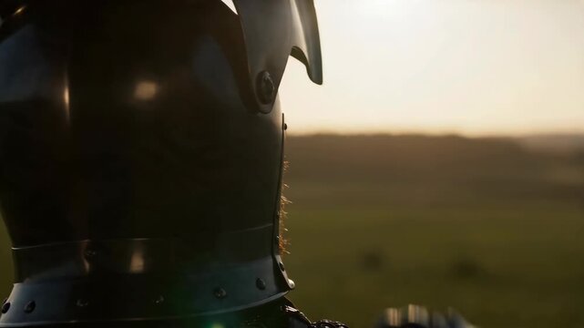 Knight lifting visor from steel helmet. Medieval warrior surveying landscape at sunset. Soldier in metal armor preparing for battle during golden hour. Historical reenactment of archaic military duty