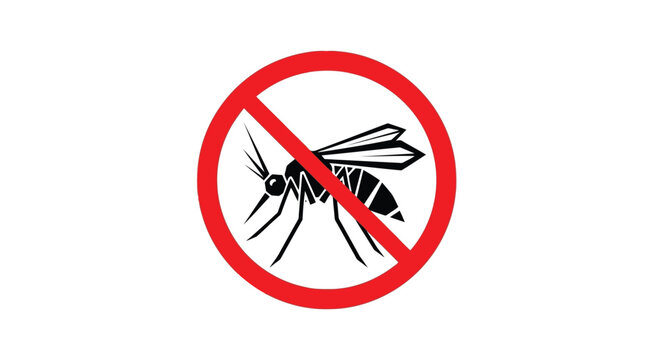 Warning sign with crossed out mosquito icon for pest control awareness isolated on white background