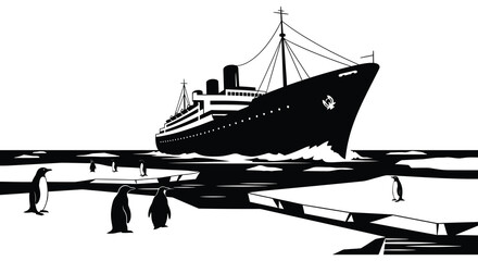 A striking black and white illustration depicts a large ocean liner with penguins amidst ice floes a dramatic silhouette high quality © rabbivay