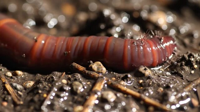 Close up view of an earthworm crawling in the muddy ground, macro details of segmented body