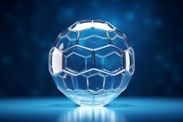 Naklejka premium Futuristic glass soccer ball displaying hexagonal pattern and reflection on glossy surface