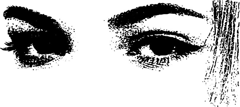 High contrast black and white ink portrait closeup of expressive eyes traced for poster background and graphic design use