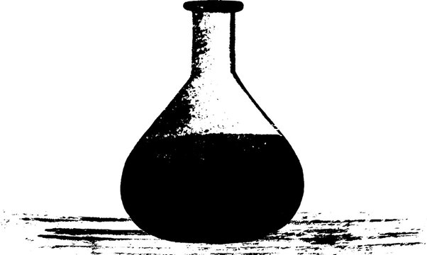 High contrast black and white potion flask ink artwork of round laboratory beaker for background poster and label design