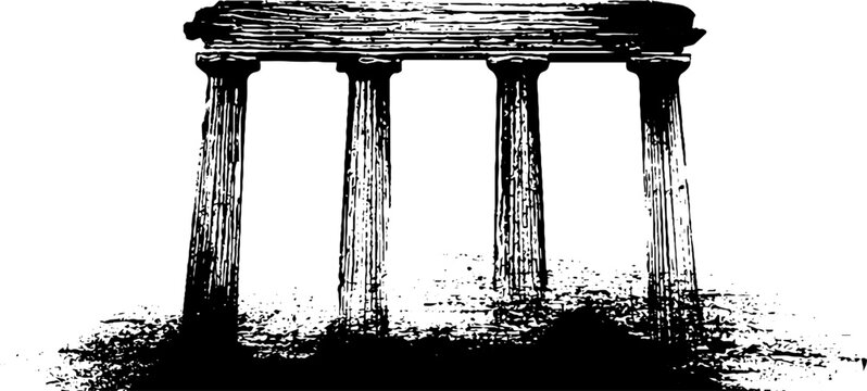 High contrast black and white ancient temple columns with grunge base for background and poster design