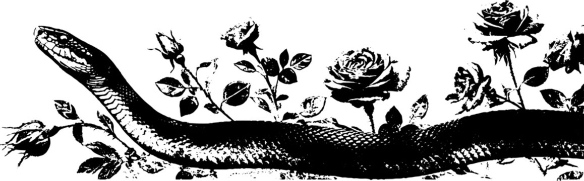 High-contrast black and white serpent and rose motif for tattoo flash, poster, background and banner design