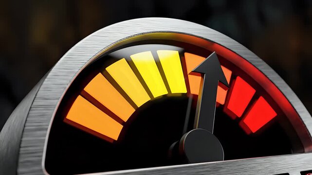 Closeup of a speed gauge with a needle pointing towards high levels.