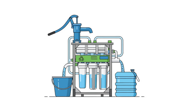 Water purification filtration system with manual pump and storage containers illustration isolated on white background