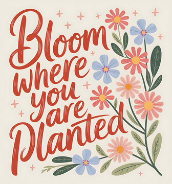 Hand-drawn floral motivational quote bloom where you are planted watercolor illustration