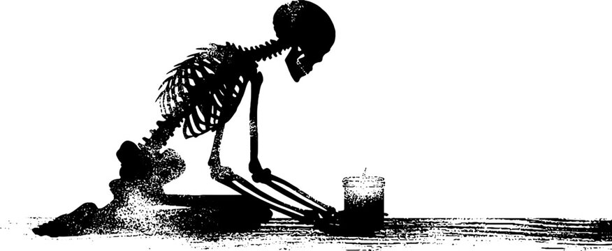 High contrast black and white kneeling skeleton with candle ink tracing for spooky background and poster design