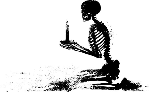 High contrast black and white skeleton holding candle ink tracing for eerie background and poster design