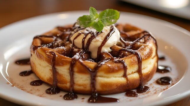 Delicious waffle with chocolate sauce and ice cream on top