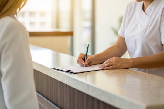 Signing clinic appointment card at reception desk healthcare setting professional interaction bright environment close-up view patient registration process