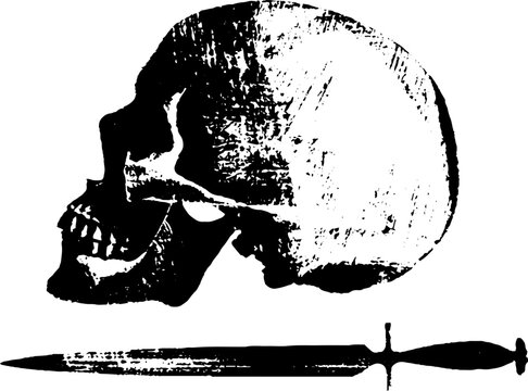 High contrast black skull beside a horizontal ritual dagger for gothic banner design and macabre background