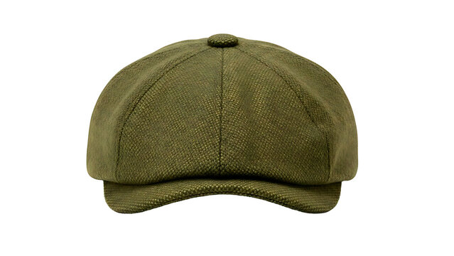 IA generated olive green newsboy cap isolated on white background. Classic vintage flat cap for men, wool texture hat for fashion, autumn style and apparel design. Realistic 3D render illustration.