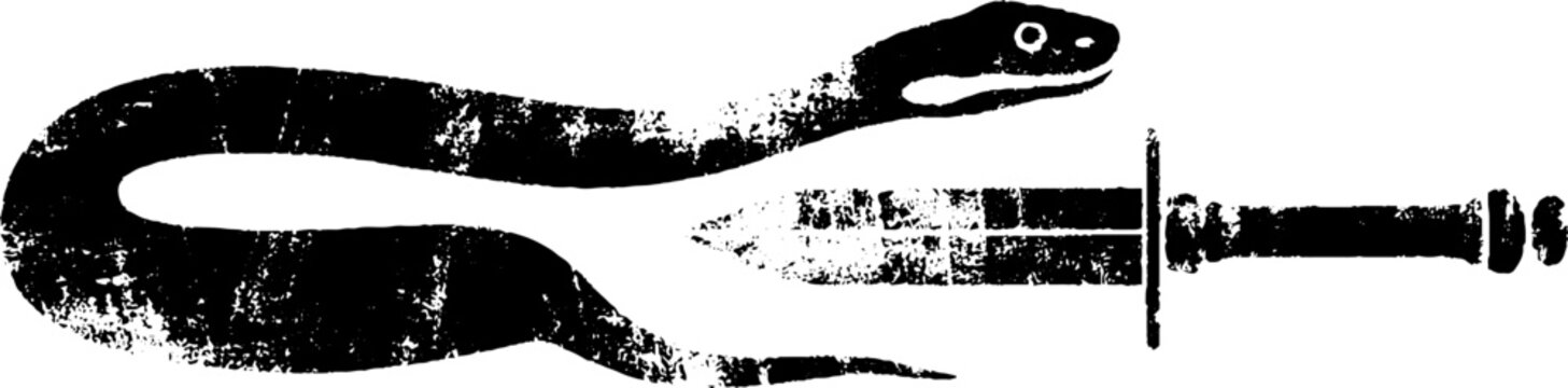 High contrast black and white ink snake with dagger for tattoo stencil poster background and decal design