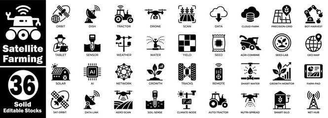 Obraz premium Satellite farming solid editable stocks. Featuring smart agriculture technology icons, drones, sensors, tractors, cloud data, yield analysis, and farm management vector.