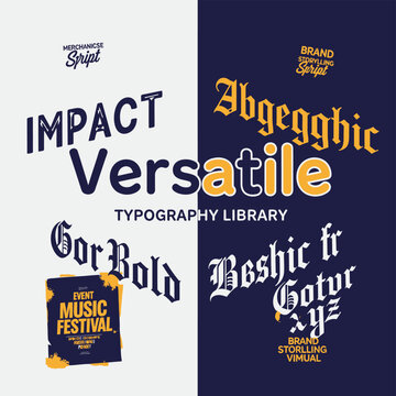 A dynamic collage showcasing a "Versatile" typography library with various font weights, including bold impact styles and decorative script fonts in navy blue and gold for commercial design variety.Ke