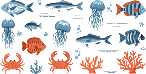 Tropical Sea Life Vector Set Featuring Blue Jellyfish, Orange Crabs, Coral Reef Fish, and Sea Plants for Marine Biology and Ocean Conservation DesignsTropical Sea Life Vector Set Featuring Blue  © Monirul