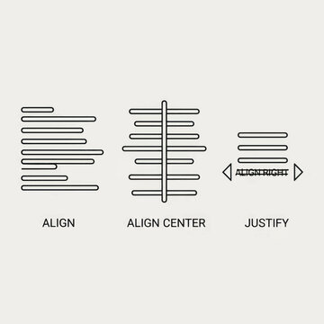 Visual guide illustrating three text alignment styles: left align, center align, and justify.