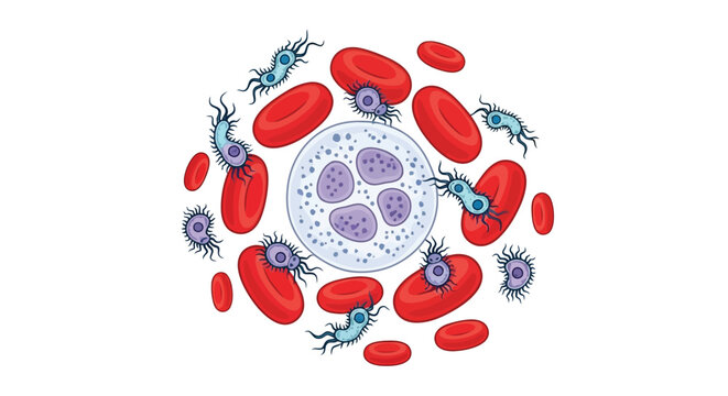 Microscopic view of red blood cells infected with malaria parasites in medical vector drawing isolated on white background