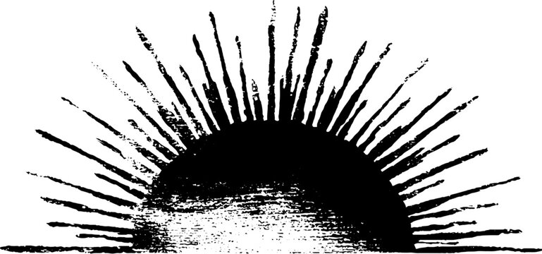 High contrast black sunburst ink semicircle with long pointed rays and grunge splatter for banner or background design