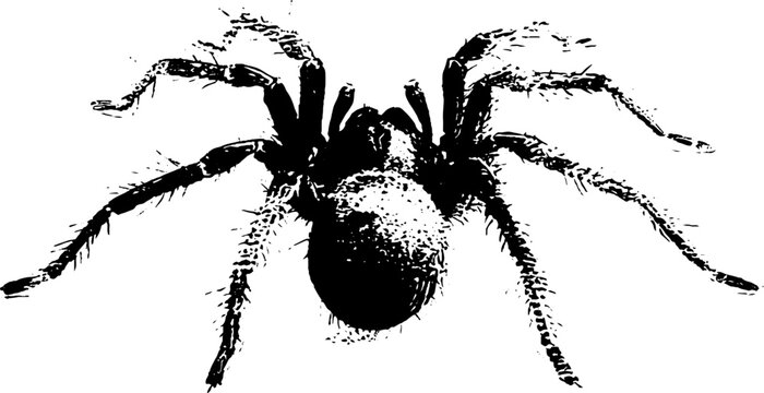 High contrast black tarantula ink drawing with detailed legs and textured body for horror emblem or background design