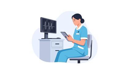 Fototapeta premium Nurse Analyzing Medical Data on Tablet and Computer Screen